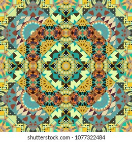 Seamless geometric pattern with mandalas. Stylish ornamental wallpaper in yellow, brown and blue colors. Vector illustration.