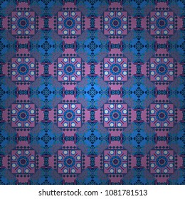Seamless geometric pattern with mandalas. Stylish ornamental wallpaper in black, blue and purple colors. Vector illustration.
