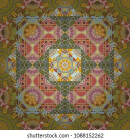 Seamless geometric pattern with mandalas. Stylish ornamental wallpaper in yellow, green and brown colors. Vector illustration.
