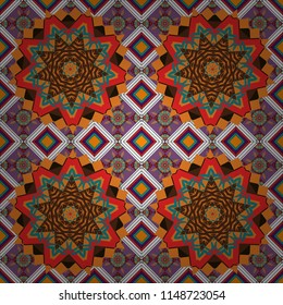 Seamless geometric pattern with mandalas. Stylish ornamental wallpaper in purple, orange and brown colors. Vector illustration.