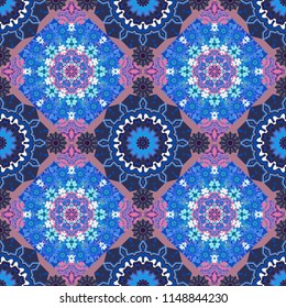 Seamless geometric pattern with mandalas. Stylish ornamental wallpaper in gray, pink and blue colors. Vector illustration.