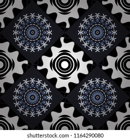 Seamless geometric pattern with mandalas. Stylish ornamental wallpaper in white, black and gray colors. Vector illustration.