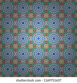 Seamless geometric pattern with mandalas. Stylish ornamental wallpaper in white, green and blue colors. Vector illustration.