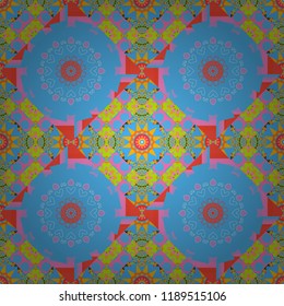 Seamless geometric pattern with mandalas. Stylish ornamental wallpaper in blue, pink and green colors. Vector illustration.