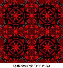 Seamless geometric pattern with mandalas. Stylish ornamental wallpaper in black, red and brown colors. Vector illustration.