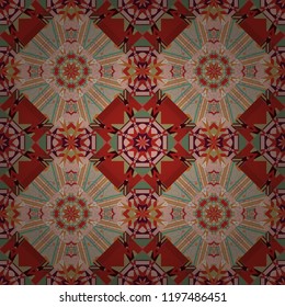 Seamless geometric pattern with mandalas. Stylish ornamental wallpaper in beige, red and brown colors. Vector illustration.