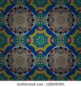 Seamless geometric pattern with mandalas. Stylish ornamental wallpaper in beige, blue and green colors. Vector illustration.