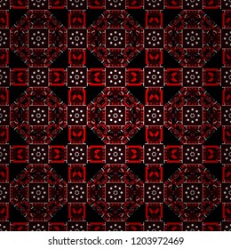 Seamless geometric pattern with mandalas. Stylish ornamental wallpaper in black, brown and pink colors. Vector illustration.