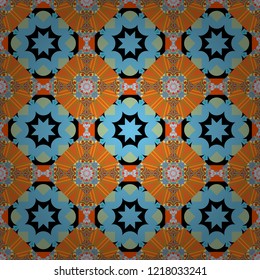 Seamless geometric pattern with mandalas. Stylish ornamental wallpaper in blue, orange and yellow colors. Vector illustration.