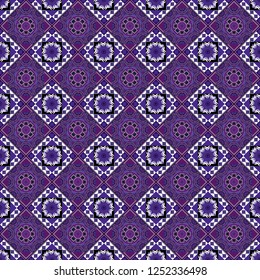 Seamless geometric pattern with mandalas. Stylish ornamental wallpaper in purple, violet and black colors. Vector illustration.