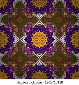 Seamless geometric pattern with mandalas. Vector illustration. Stylish ornamental wallpaper in blue, green and yellow colors.