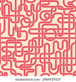 Seamless geometric pattern with a maze of intersecting colored lines on a white background. Metro map style. Tangles pipes. Connection concept.  