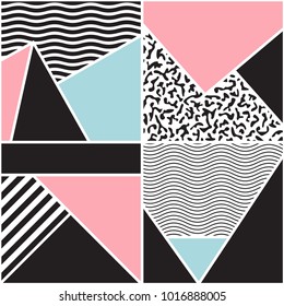 Seamless geometric pattern. Memphis design. 80s and 90s retro style. Colorful composition for posters, banners. Abstract fashion background. Vector minimalistic illustration. Modern elegant wallpaper.