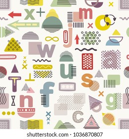 Seamless geometric pattern in memphis style with colorful letter