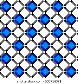 Seamless geometric pattern with mesh in blue, grey, black and white colors. Diagonal cells and a precious blue stones. Vector.