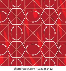 Seamless geometric pattern with metallic buckles, belts and tulips. Complex vector print with hexagons, ovals, rectangles, leaves, flowers and diagonal lines.