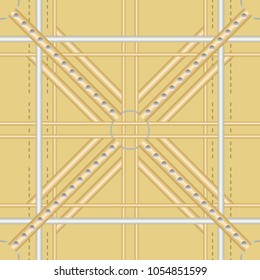 Seamless geometric pattern with metallic tubes. Complex vector print in golden and silver colors