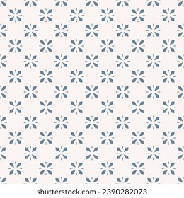 Seamless geometric pattern with minimalist floral design in blue and white color. Retro 1960s and 1970s inspired vector background, simple repeat texture. Modern ornament. Repeated design for decor