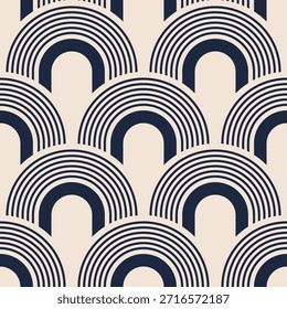 Patrón geométrico sin fisuras con arcos azul marino minimalista sobre fondo beige. Moderno estilo art déco patrón Abstractas, Fondo de pantalla, textil, papel de embalaje.