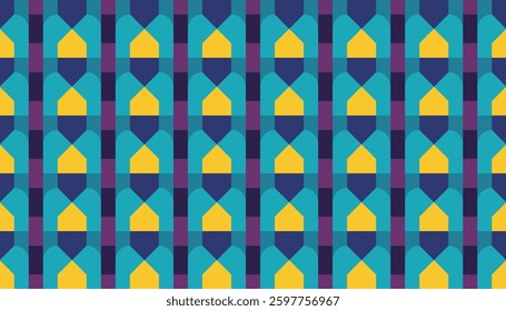 A seamless geometric pattern with a mix of blue, yellow and purple, perfect for textile designs, wallpapers or digital backgrounds.
