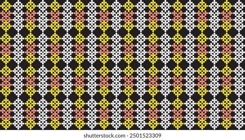 Seamless geometric pattern mix of colorful shapes on black background. For textiles, printing, wallpaper and flooring