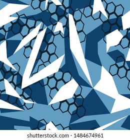 Seamless geometric pattern. Modern camo design. Blue. Military. Vinyl print, decal. Racing background. Modern vector design.