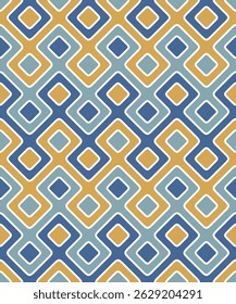 Seamless geometric pattern with a modern checkered design in blue, white, and yellow. Colorful vintage style. Abstract vector illustration for textile, printing, wrapping, cover, and wallpaper.