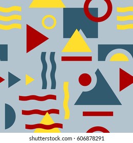 Seamless geometric pattern in modern style. Circles, squares and waves in red, blue and yellow colors.Light Illustration for textiles