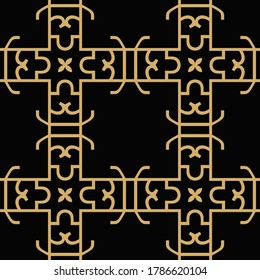 Patrón geométrico sin soldadura, textura moderna de papel pintado, patrón de fondo simple. Plantilla de ejemplo. Oro en negro. Para telas, cubiertas, carteles, papeles pintados. Imagen de fondo del vector