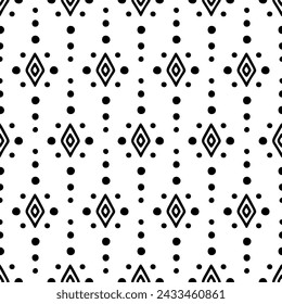 Seamless geometric pattern with monochrome diamond shapes and dots. Ethnic abstract repeating background.