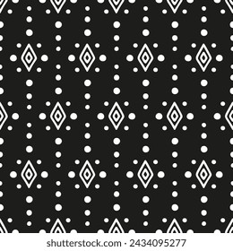 Seamless geometric pattern with monochrome diamond shapes and dots. Ethnic abstract repeating background.