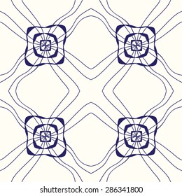 Seamless geometric pattern with monochrome small flowers and leaves.  Artistic background with hipster elements.