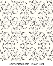 Seamless geometric pattern with monochrome small flowers and leaves.  Artistic background with hipster elements.