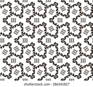 Seamless geometric pattern with monochrome small flowers and leaves.  Artistic background with hipster elements.