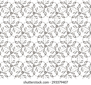 Seamless geometric pattern with monochrome small flowers and leaves. Vector background with floral print.