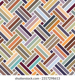 Patrón geométrico sin soldadura con líneas diagonales entrelazadas multicolor sobre un fondo blanco. Textura gráfica a rayas. Estilo de mosaico retro. Imagen vectorial para tela, textil, envoltura e impresión.