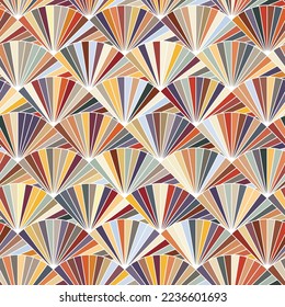 Seamless geometric pattern with multicolor striped wavy elements in the shape of fans. Triangles mosaic in retro style. Decorative vector image for printing, textile, wrapping,  and packaging.