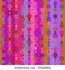 Seamless geometric pattern. Multicolor structure of stars, stripes, circles, and rhombuses. Vector.