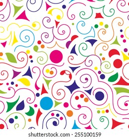 Seamless geometric pattern: multicolor swirls circles, triangles and leaves on white background. Vector illustration.