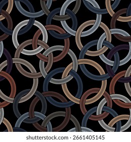 Seamless geometric pattern with multicolored chained circles and rings on a black background. Vintage style. Abstract vector illustration for textile, wrapping, packaging, and decorative projects.