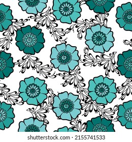 Seamless geometric pattern of multicolored circles, icons of flowers on a white background.  Design for use covers, fabric, textile, background and others.