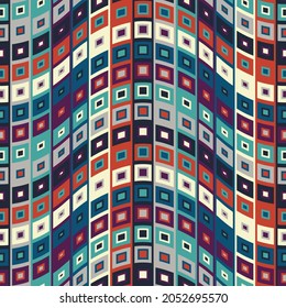 Hermosa composición geométrica hecha de cuadrados concéntricos que se desarrollan a lo largo de líneas onduladas. El sabor retro de los años 70. Patrón de repetición sin inconvenientes. Imagen vectorial.  Perfecto para textil, envoltura, impresión, web, etc.