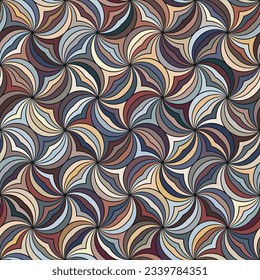 Seamless geometric pattern with multicolored curved stripes arranged in a spiral shape. Vintage design. Abstract background. Graphic textile texture. Decorative vector illustration.