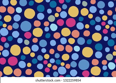 Seamless geometric pattern. Multi-colored dots on a blue (purple) background. Abstract background with drawn circles. Polka dot print. Modern vector design.