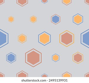 Seamless geometric pattern. Multicolored geometric elements of varied size. Hexagon mosaic cells with padding and inner solid cells. Large hexagons. Tileable pattern. Seamless vector illustration.