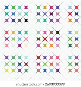 A seamless geometric pattern of multicolored four-pointed stars arranged in a grid.