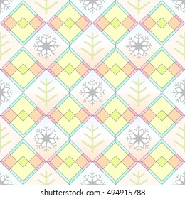 Seamless geometric pattern with multicolored rhombuses, gradients and different winter shapes -?? pine trees and snowflakes. Vector.