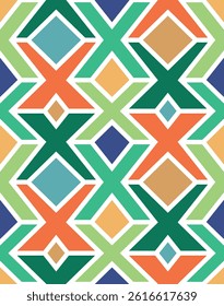 Seamless geometric pattern with multicolored geometric shapes outlined with a white stroke. Modern style. Vibrant summer colors. Abstract vector illustration.