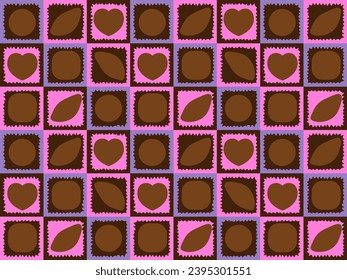 seamless geometric pattern of multicolored squares, tiles with different chocolates and candies in a box