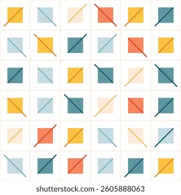 A seamless geometric pattern of multicolored squares with diagonal lines, arranged in a clean grid layout. Colors include yellow, blue, coral, and beige on a white background.